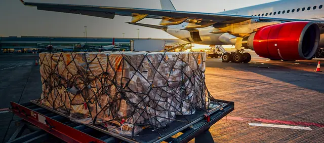 Air cargo pallet being loaded next to an aircraft