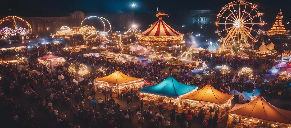 Illuminated fair and exhibition grounds at dusk